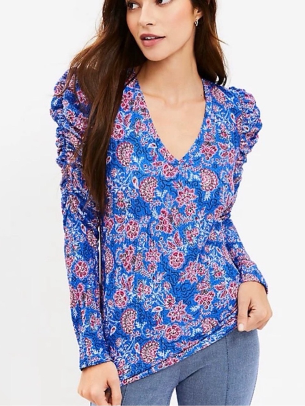Loft Puff Sleeve Printed Textured V Neck Fitted Blouse Size XS Office Boho